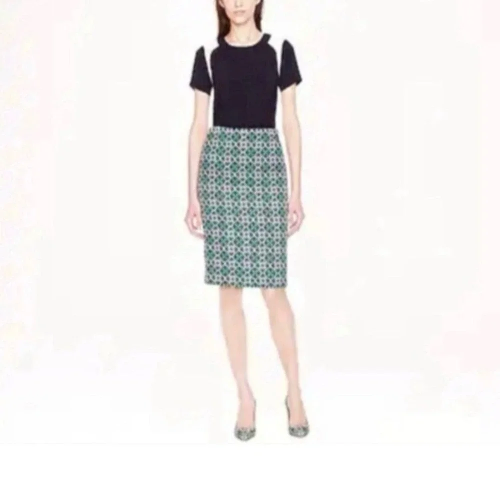 J. Crew Black‎ Label Navy & Green Lattice Medallion Print Pencil Skirt size 6